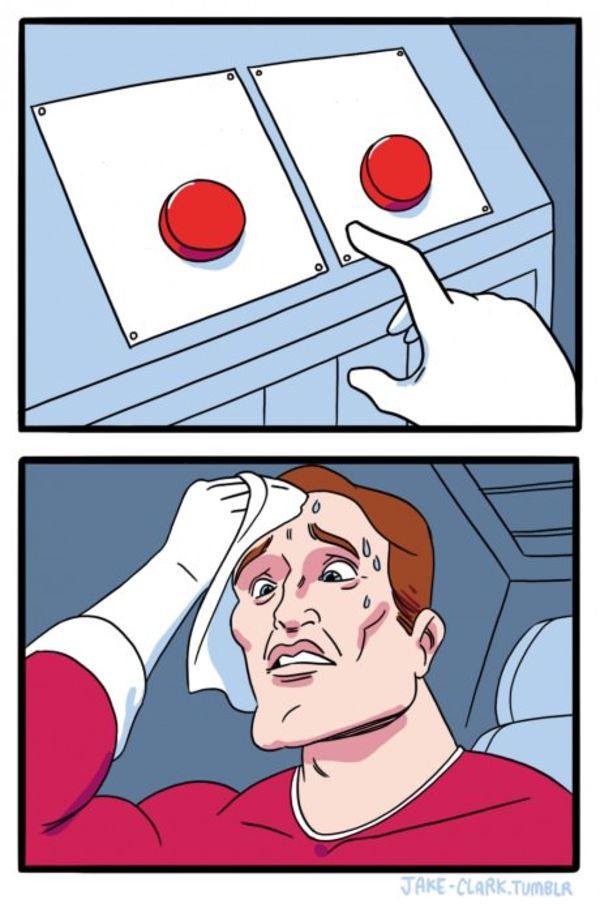 Two Buttons meme about Yellowbird Foods